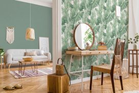 Modern and design home interior of open space with wooden desk,